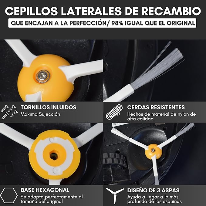Cepillos laterales para Roomba (pack 4 + tornillos) – compatibilidad universal